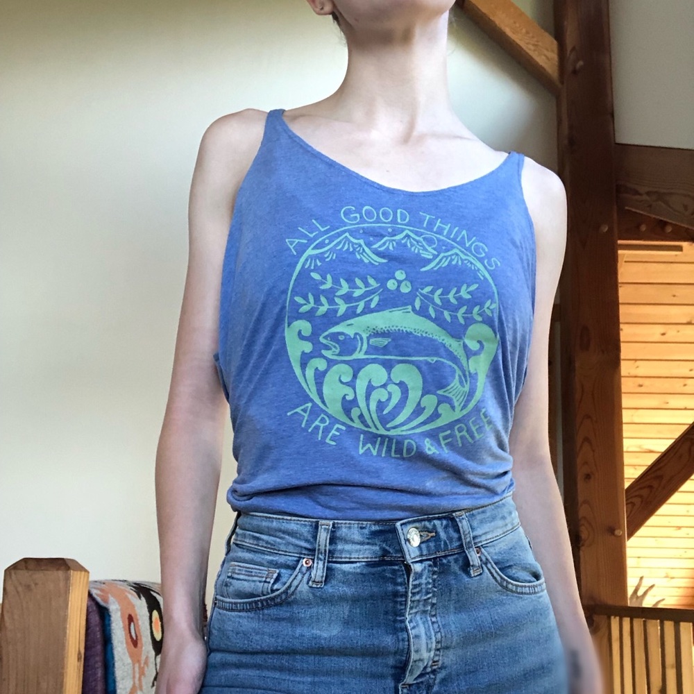 Blue heather tank, All Good Things Are Wild and Free, M-L